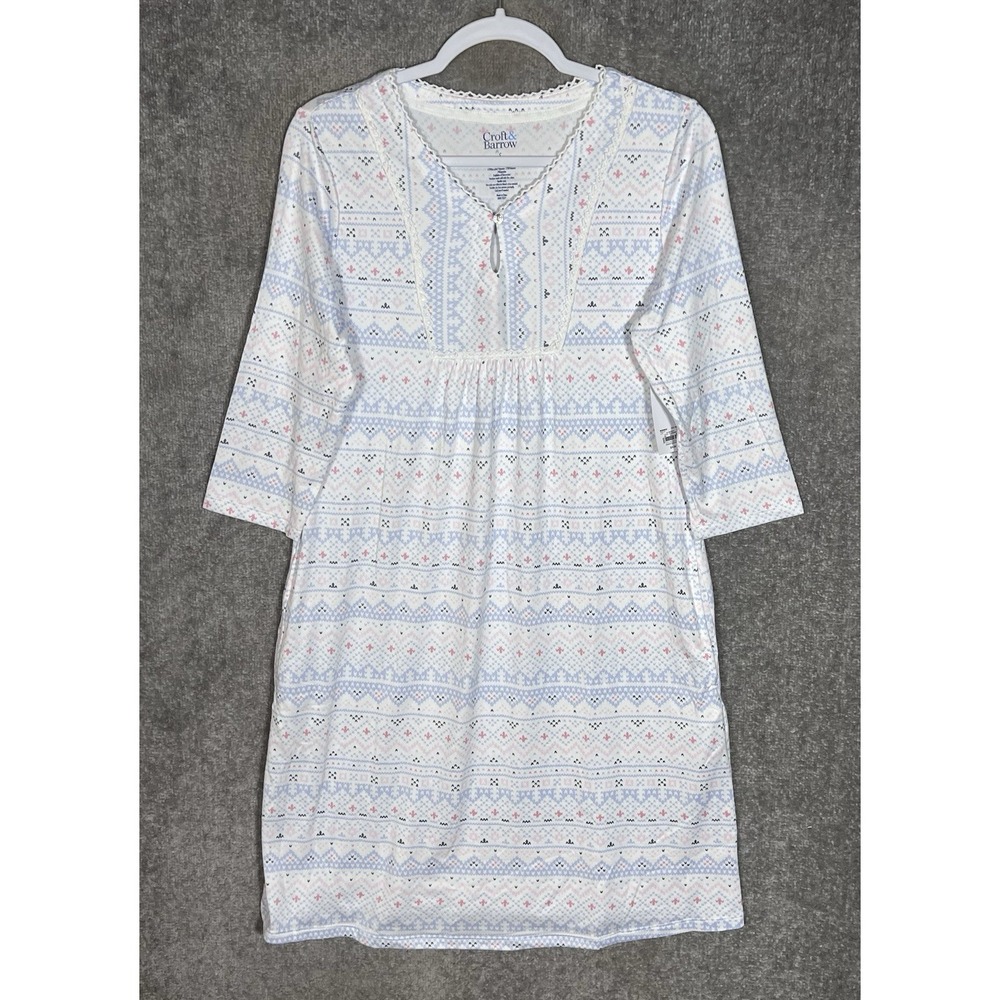 Croft & Barrow Nightgown Womens Sz S White Blue Pink Stretch Pockets Lightweight